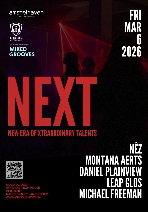 Flyer for the Amsterdam based event NEXT - New Era of Xtraordinary DJ Talents - portrait