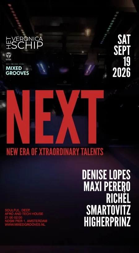 Poster met NEXT logo, event datum en de dj line-up.
