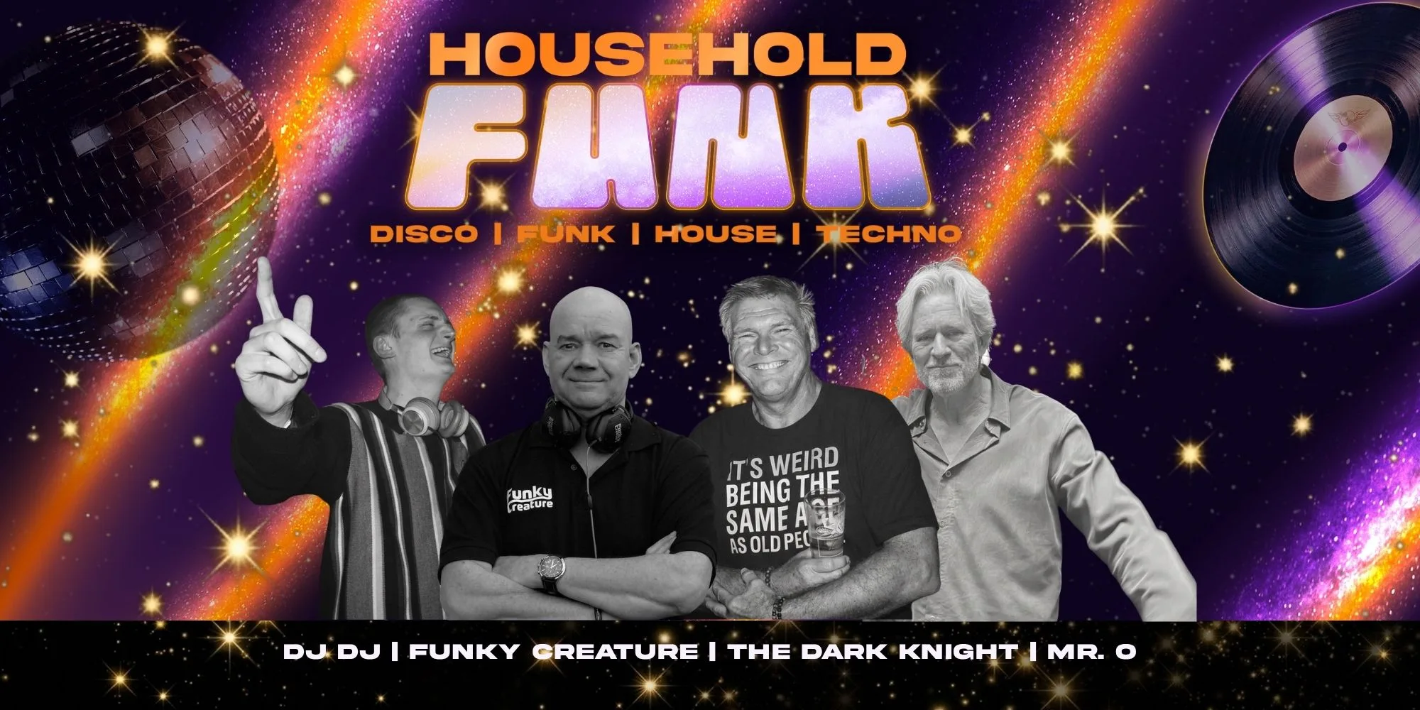 Household Funk logo en de payoff 'disco | funk | house | techno' and the faces of the dj's DJDJ, Funky Creature, the dark knight, mr. O.
